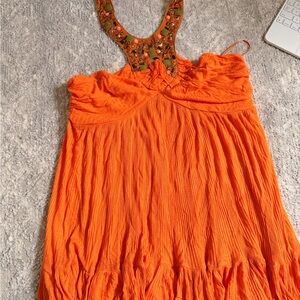 Vibrant Orange Sundress with Beaded Neckline